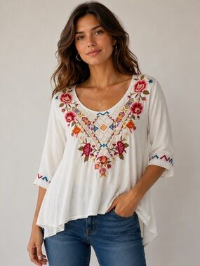 Johnny Was White Tunic with Pink, Red & Blue Floral Embroidery